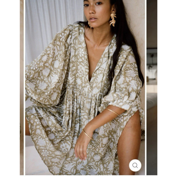 Daughters Of India Kyra Mini Dress XL Olive Floral Balloon Sleeve Boho Indie - Picture 2 of 16